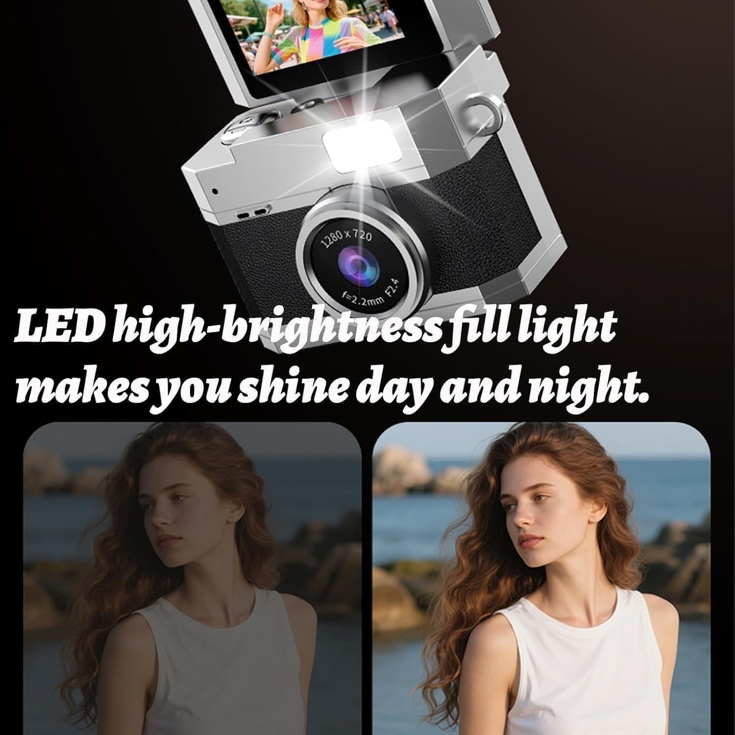 Thumb-Sized Flip Screen Mini Camera, Flip-Screen Retro CCD Portable Mini Digital Camera, with 180° Flip Screen, Video Mode & Beauty Filters, Tiny Vlog Keychain Cam for Beginners (64G,Pink)