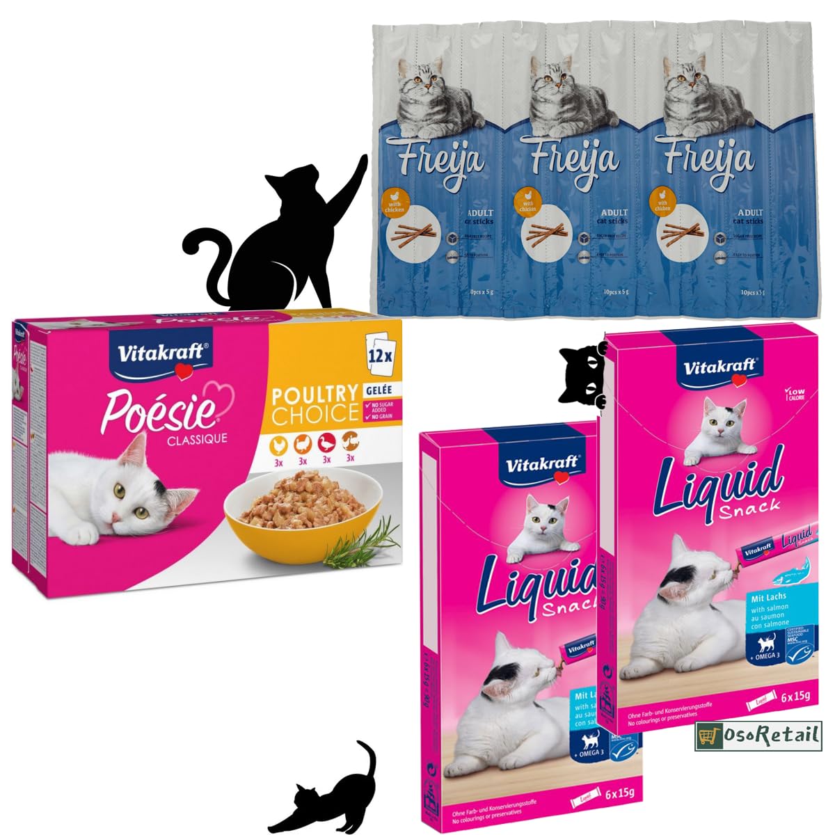 OsoRetail Lote para Gatos: 1x12 pienso humedo Vitakraft Poesie Classique de gelatina, 2x6 Vitakraft Snack Líquido Salmon con Omega3, 2x10 Freija Barras de Salmon