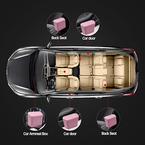 Miniatura 5 de Bote de basura rosa para automóvil con tapa, los accesorios incluyen 2 cubos de basura universales a prueba de fugas con 90 bolsas de basura,