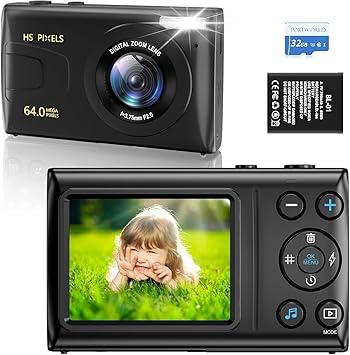 4K Compact Digital Camera for Kids: 64MP Portable Camera with 32GB Card 18X Digital Zoom, Point and Shoot Camera