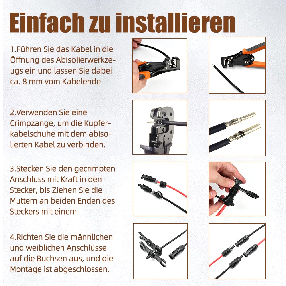 Solarkabel 6mm2 15m, H1Z2Z2-K Solar Verlängerungkabel mit IP68 Wasserdicht Solarstecker, für Solaranlage Photovoltaik System
