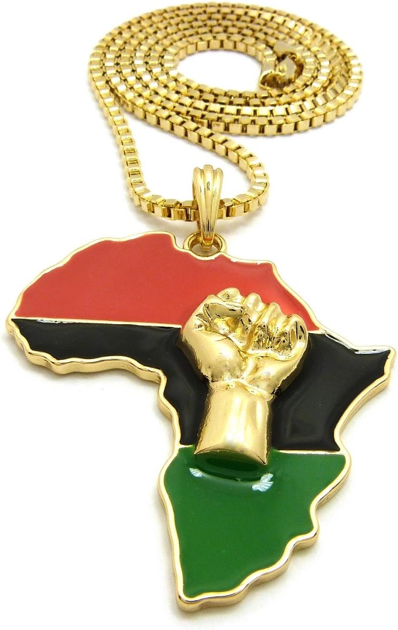 Large Size Fist Power in Pan African Colored Africa Map Pendant 30" Box, Cuban Chain Necklace in Gold, Silver Tone