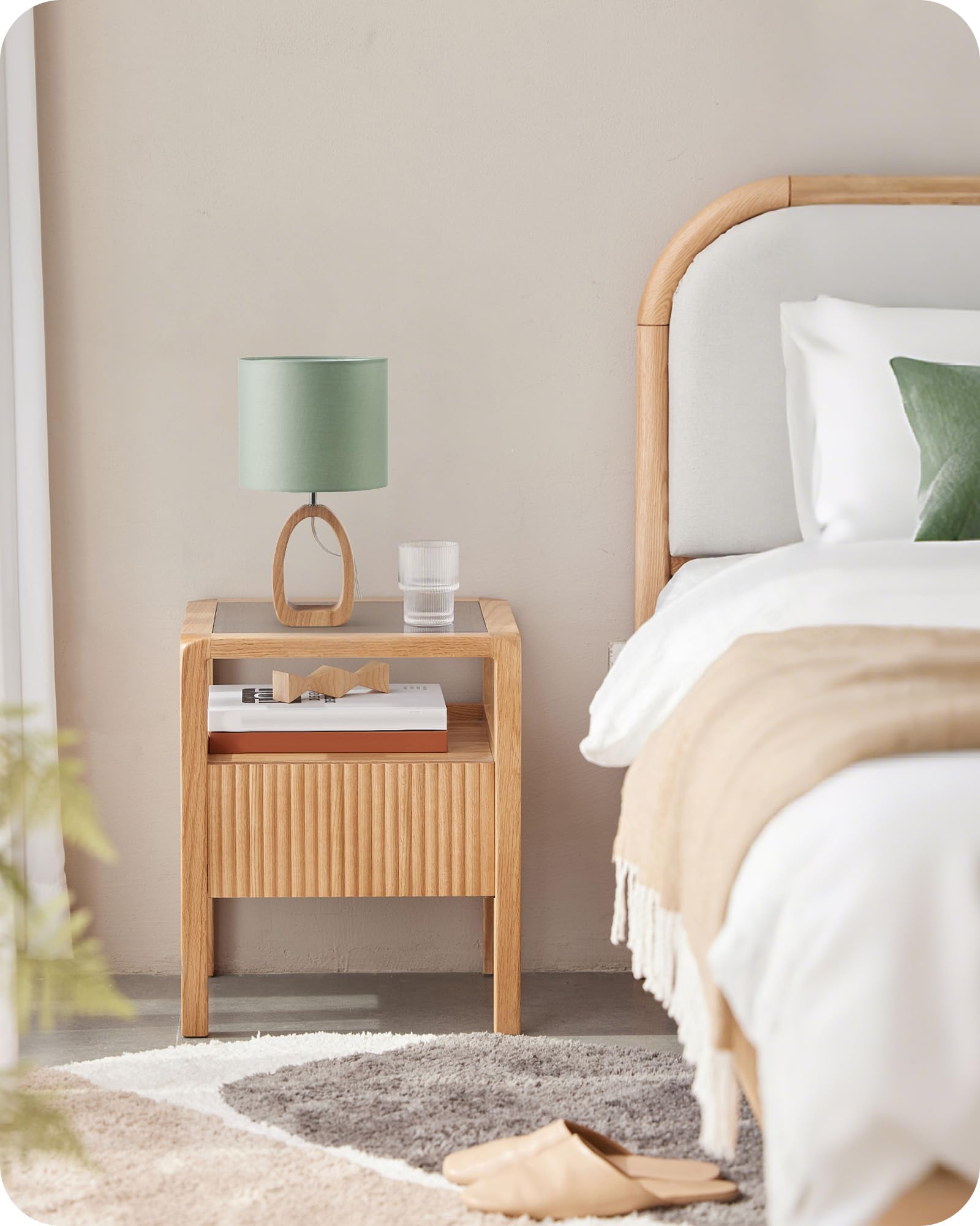 Lámpara de Mesita de Noche de Madera Verde Juego de 2 | Maciza con Base en Forma de Anillo, Pantalla de Lino, Incluye una Bombilla LED 2700K, para Sala de Estar, Dormitorio