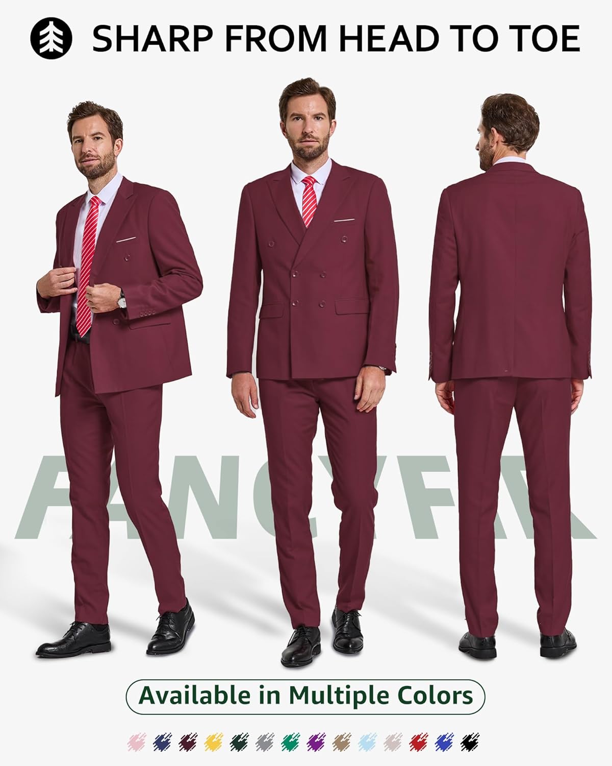 Men's Slim Fit 2-Piece Suit with Stretch Fabric, Double-Breasted Blazer Pants for Party, Business and Wedding