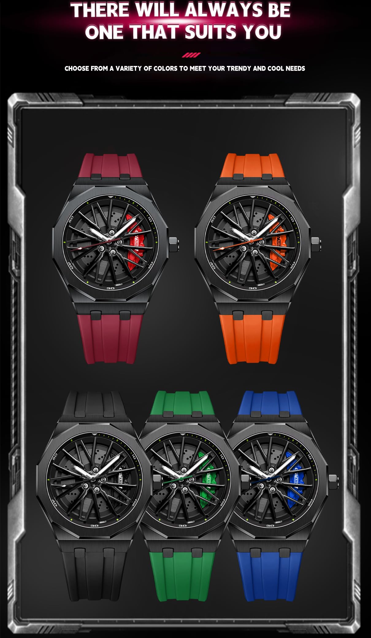 Gosasa Reloj de pulsera para hombre, diseño de rueda de carreras, creativo, giratorio en 3D, luminoso, cuarzo, resistente al agua hasta 30 m, con correa de goma