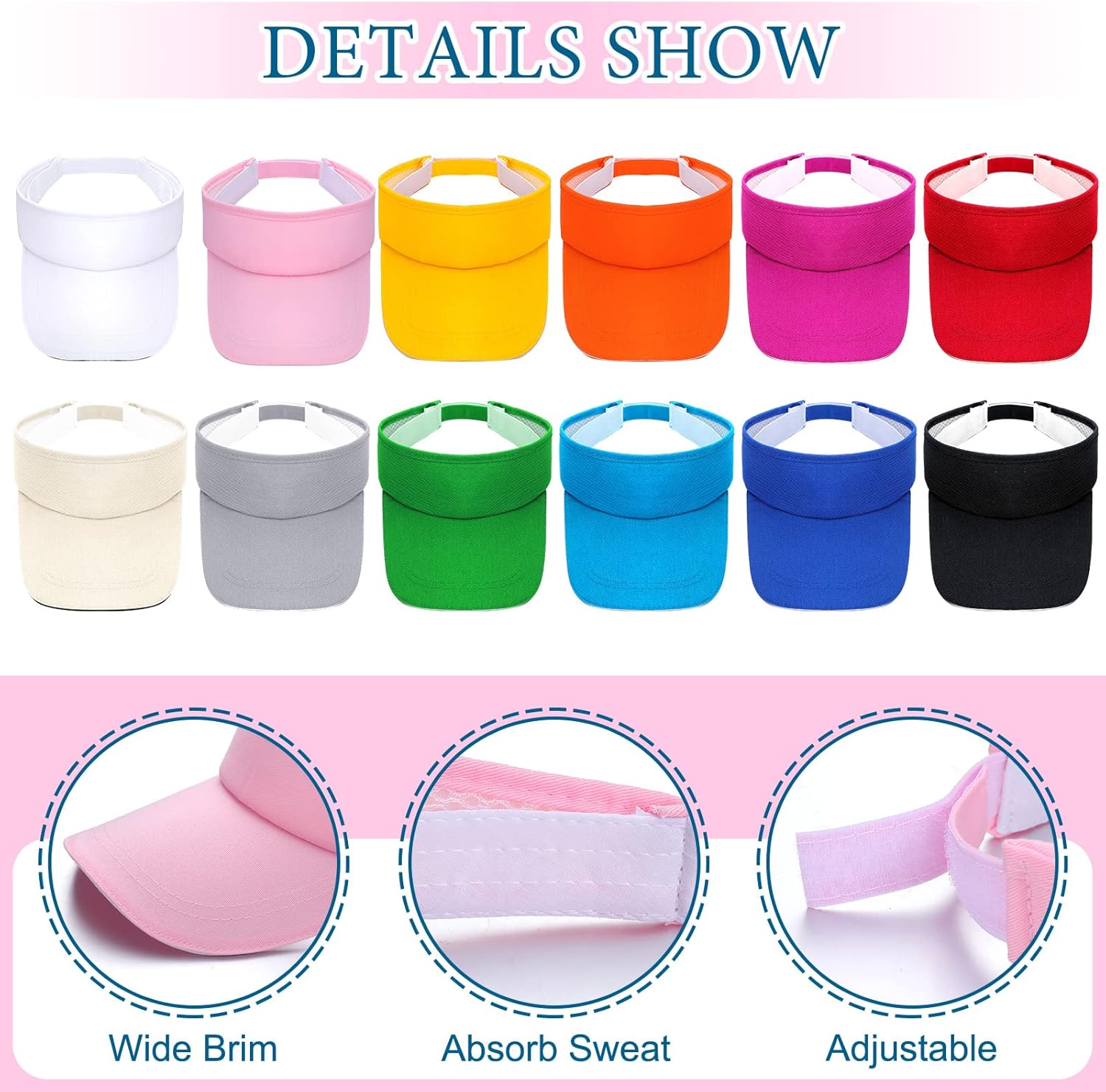 Wesiti 24 Pcs Visors Sun Hat Adjustable Athletic Ponytail Sports Hat Unisex for UV Protection Assorted Colors Golf Tennis Volleyball Visor Party Favors Gift