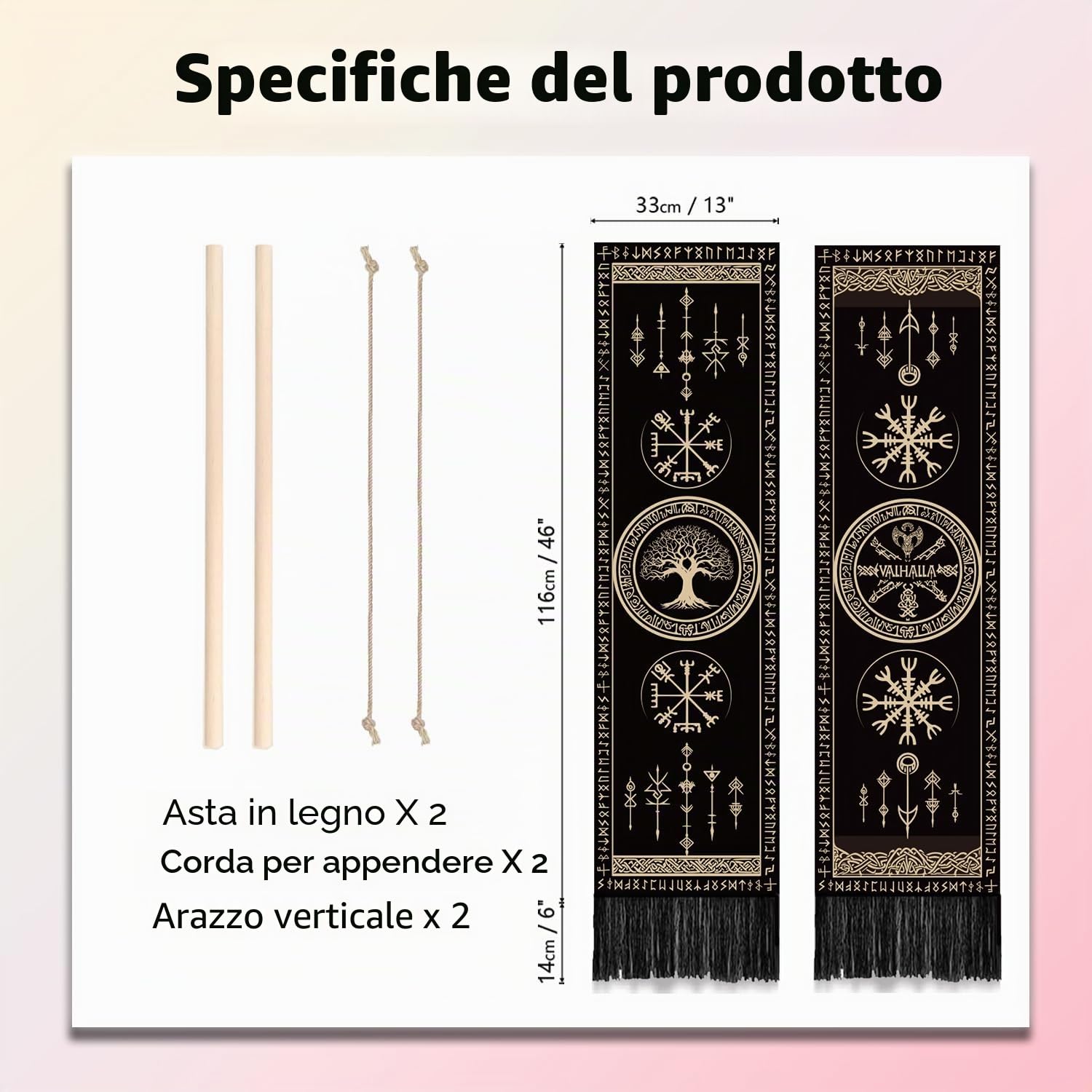 PLIGREAT Confezione da 2 Arazzi Vichinghi con Simboli e Nappe, Arazzo con Albero della Vita, Arazzo Estetico Verticale, Decorazione per Casa, Arazzo per Camera da Letto, Bagno, Soggiorno, Decorazione