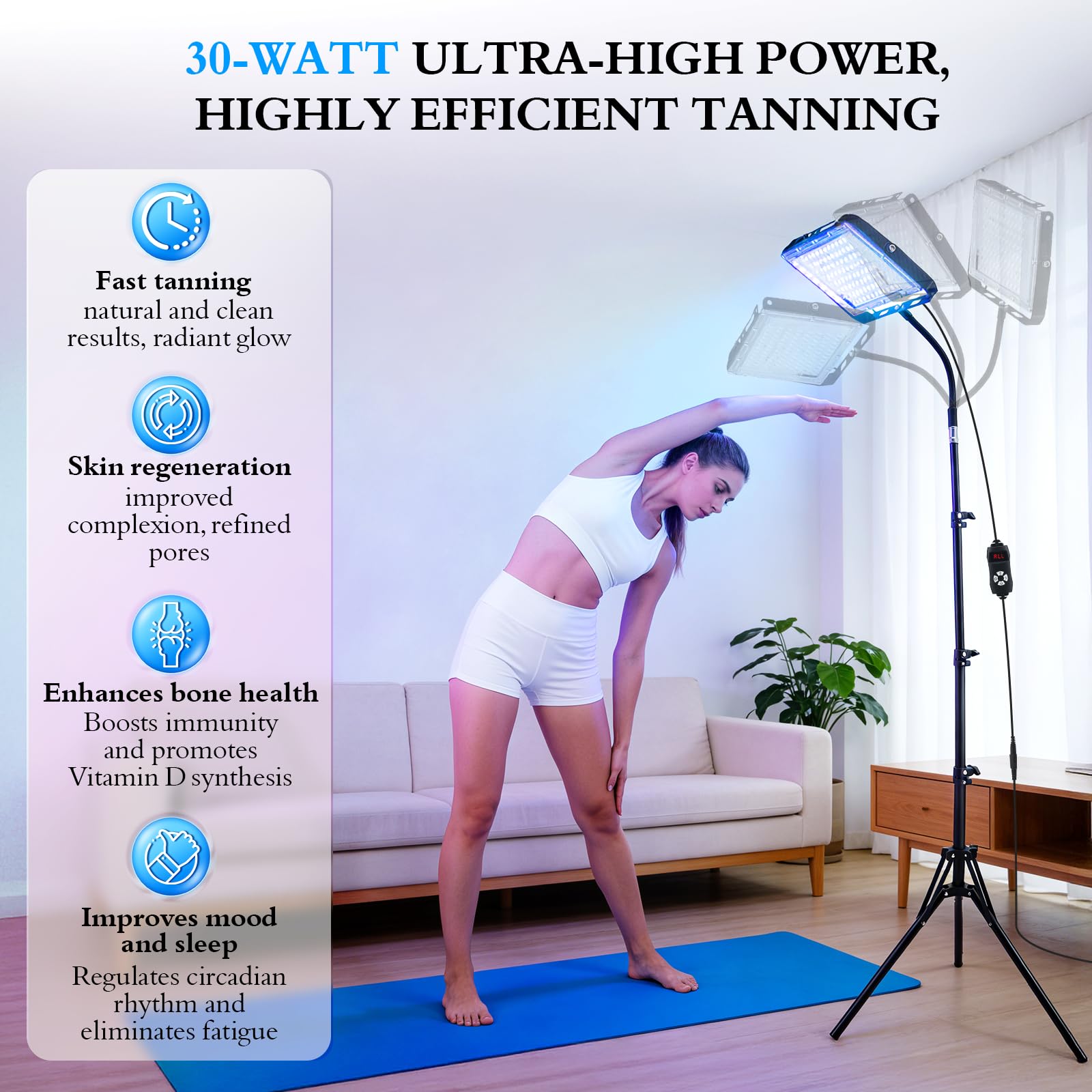 Lámpara de Bronceado 460nm 50W, Solarium para el Hogar con 5 Niveles de Luminosidad y 4 Temporizadores, 225 LEDs, Altura y Ángulo Ajustables, lámpara de bronceado para Rostro y Cuerpo