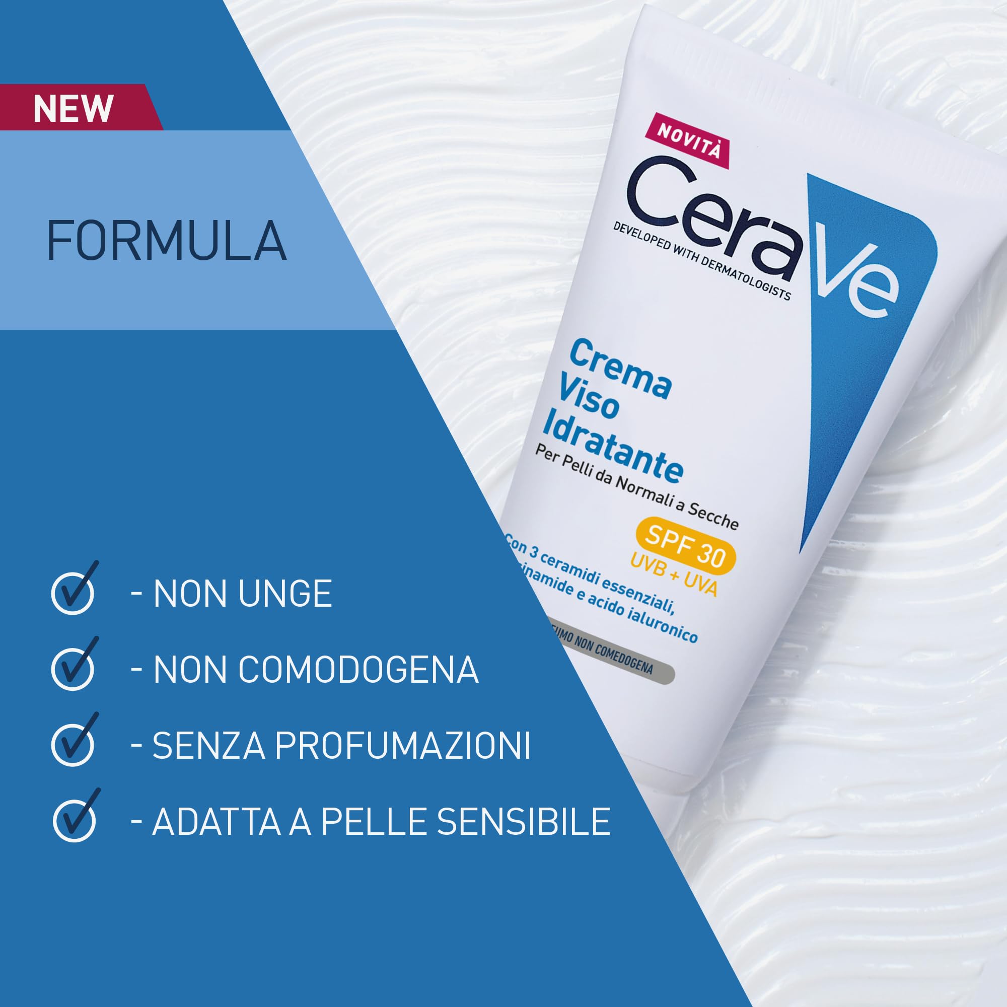 CeraVe Crema Idratante Viso SPF 30, Per Pelli da Normali a Secche, Idratazione Profonda, Ad Assorbimento Rapido, Con Protezione Solare SPF 30 e Acido Ialuronico, 52 ml