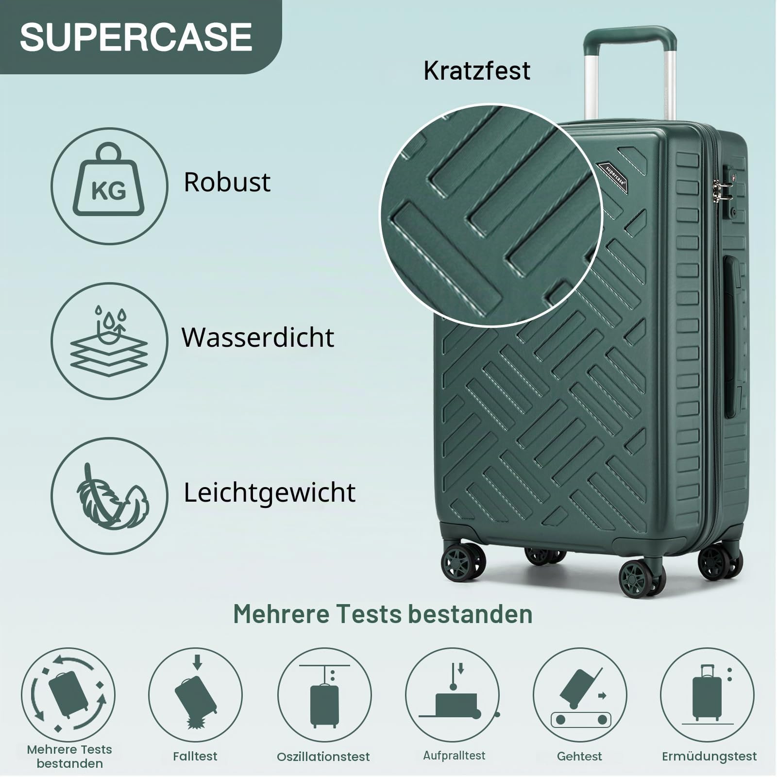 Hartschalen Koffer Trolley,56L Mittelgroßer Koffer mit 4 Rollen und TSA-Schloss, Leichter Reisekoffer für Flugreisen, Business und Urlaub, 64.5×42×25cm Dunkelgrün