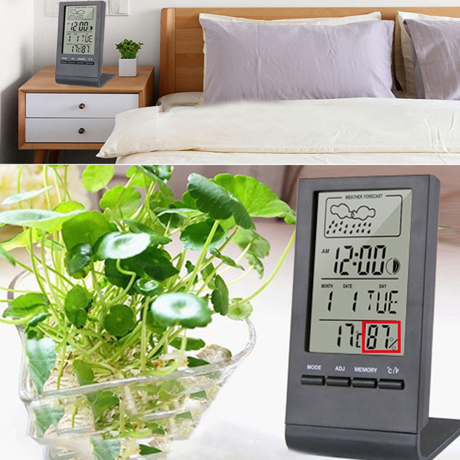 Digital Temperature Humidity Meter Desk Thermometers Hygrometer Gauge LCD Display with Time Alarm Clock