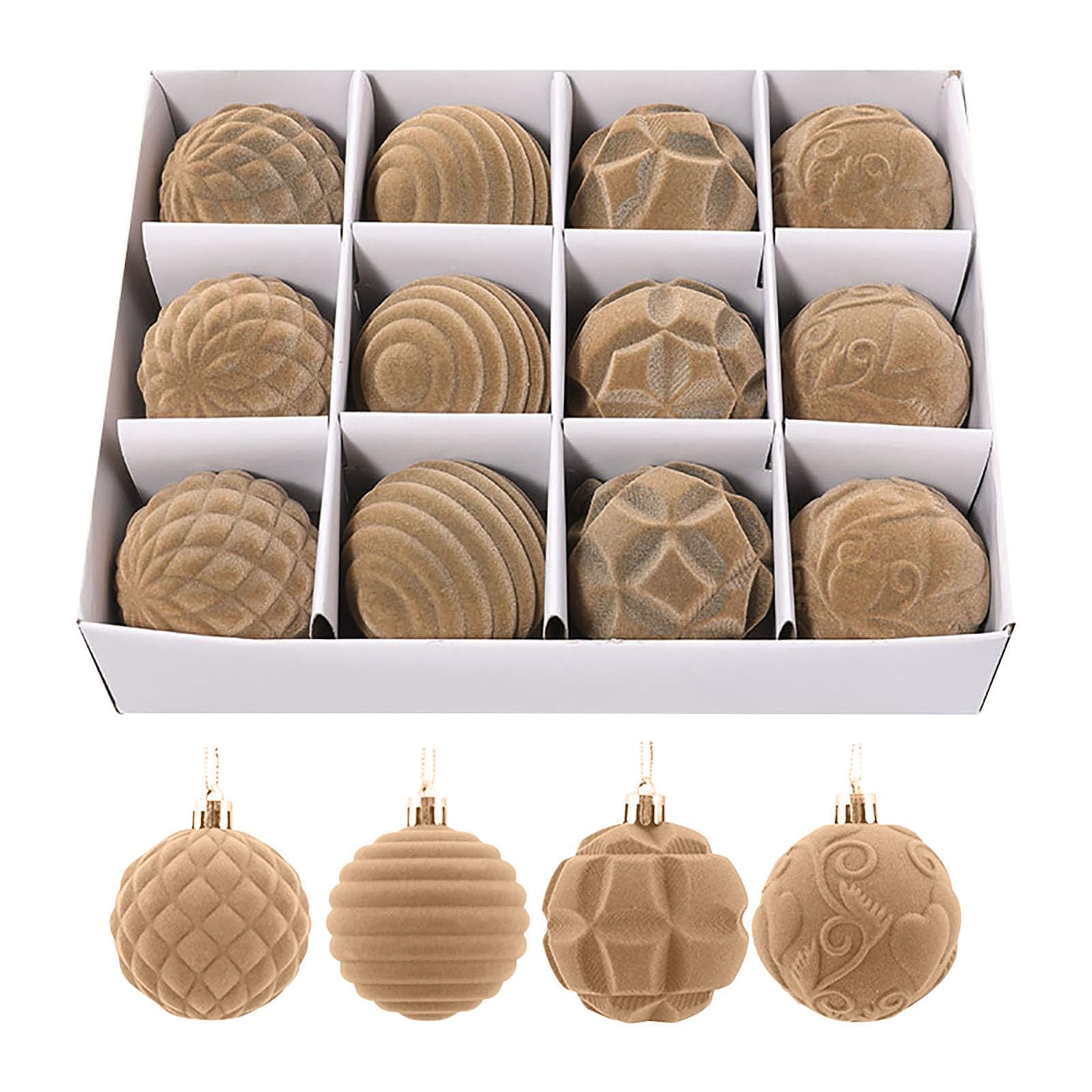 12pcs Velvet Christmas Balls, 6cm Flocked Baubles, 4 Patterns - Quilted, Ribbed, Leaf, Swirl, Velvet Matte Ornaments For Xmas Tree (Khaki)