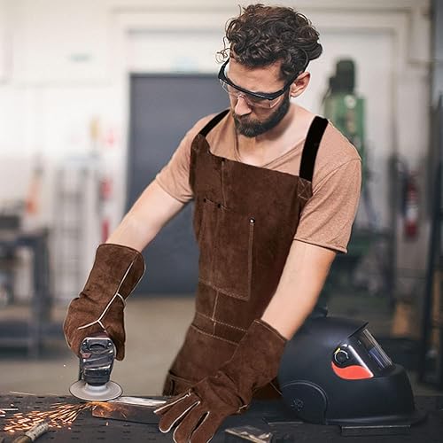 Miniatura 7 de eletecpro Delantal de soldadura de cuero y guantes de soldadura, resistente, duradero, longitud 42 pulgadas, 6 bolsillos, resistente al calor