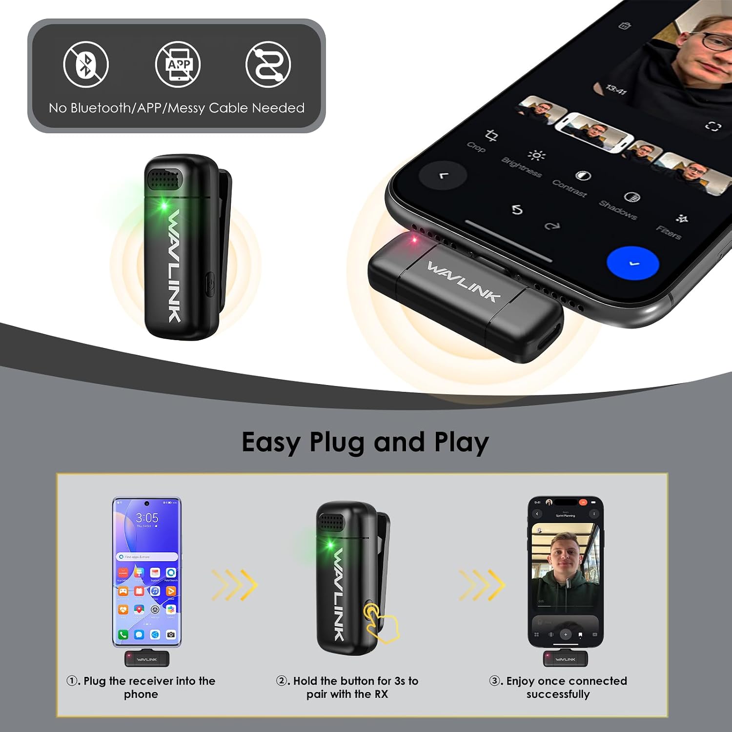 WAVLINK Microfone de lapela sem fio para iPhone Android Vlog, sistema de microfone de lapela com clipe e entradas Lightning e USB-C e capa de bateria para YouTube Facebook Live, gravação de vídeo (1