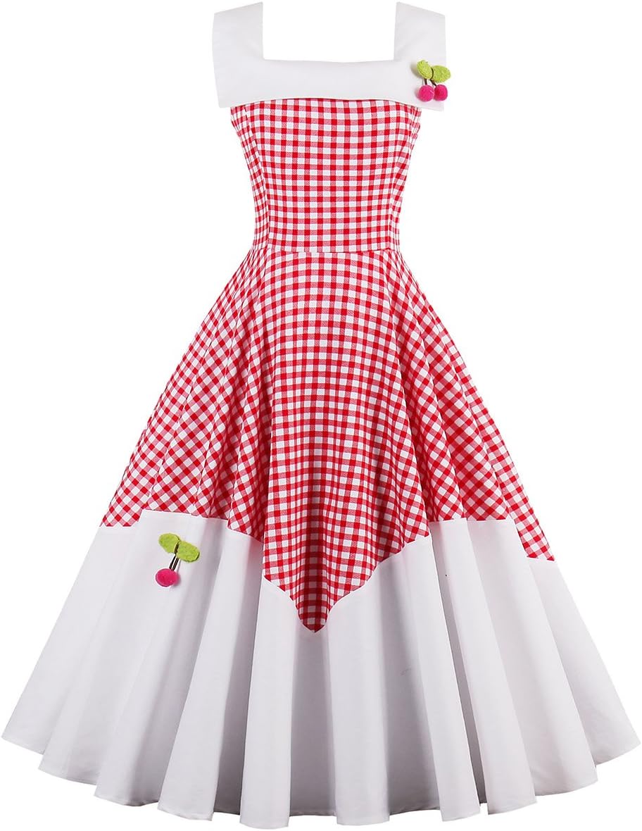 VKStar® 50s Rockabilly Checked Dress Petticoat Vintage Sleeveless Cherry Evening Dress