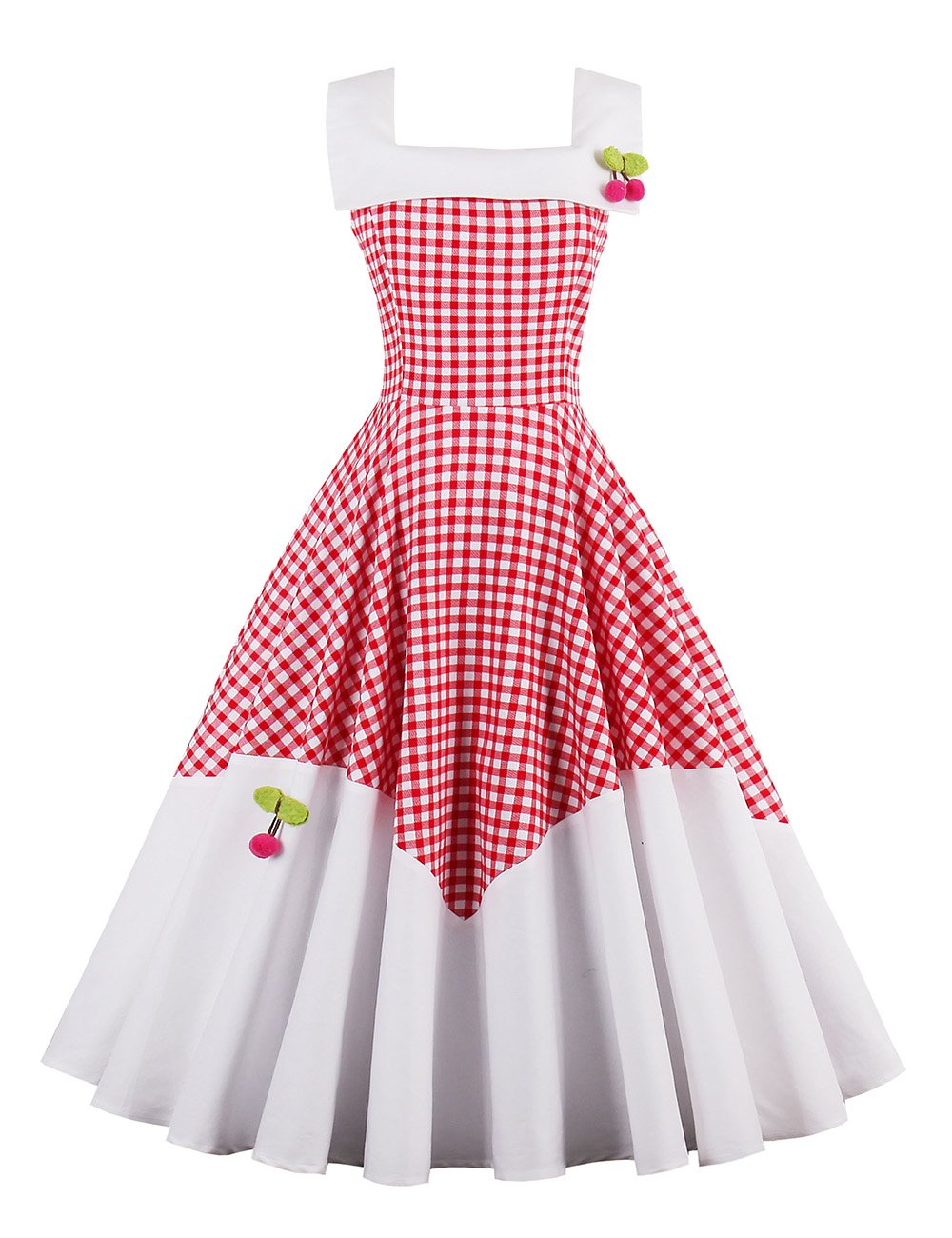 VKStar® 50s Rockabilly Checked Dress Petticoat Vintage Sleeveless Cherry Evening Dress