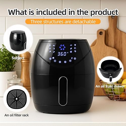 Miniatura 4 de Freidora de aire extra caliente de 6.5 cuartos de galón para cocinar crujiente, hornear asado, antiadherente, acabado negro brillante, perfecta para