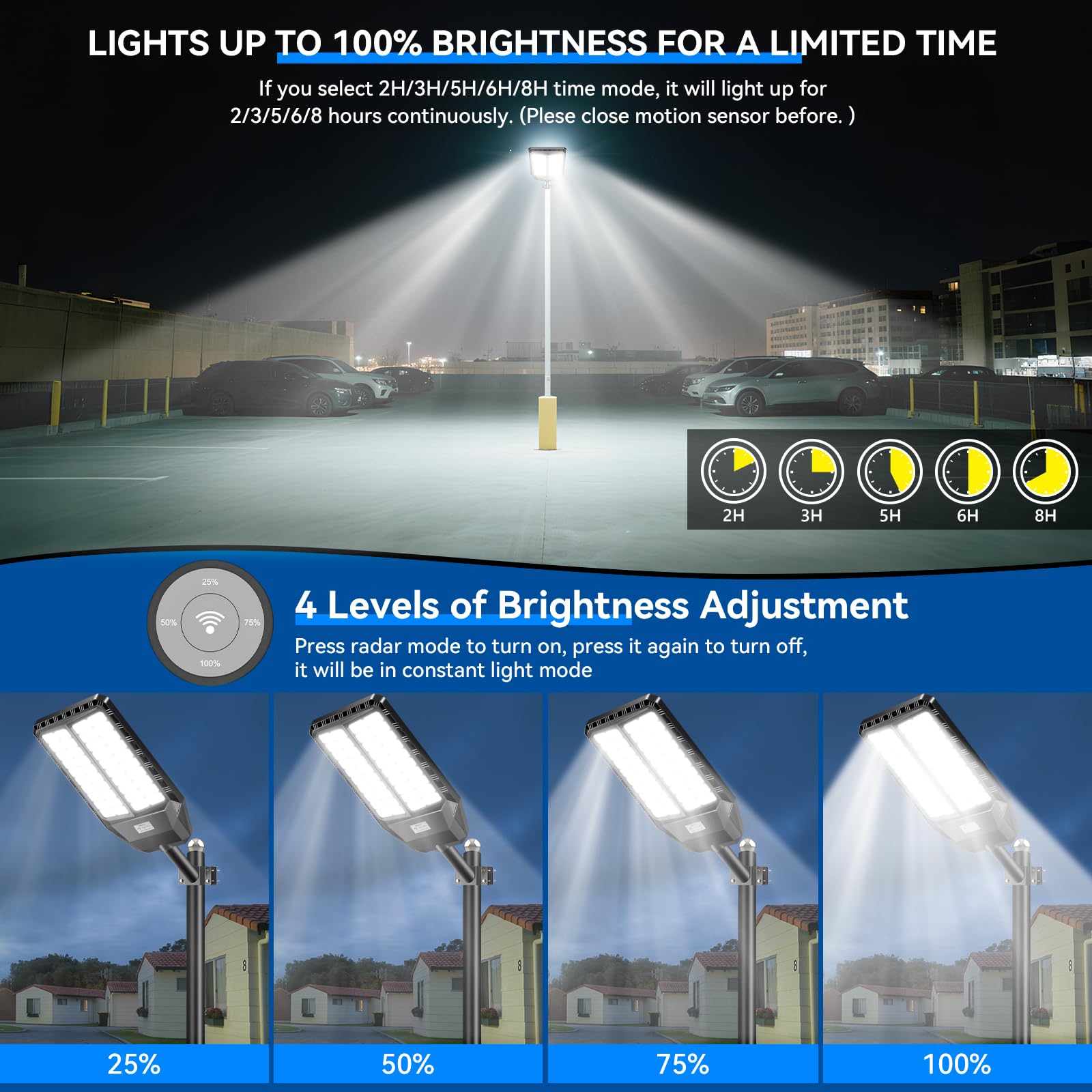 Adewalk 8000W Lampione Solare Led Esterno con Telecomando, IP66 Impermeabile Lampada Stradale Solare con Sensore di Movimento, 6500K Super Bright Lampioni da Giardino Esterno Solari per Garage Strada