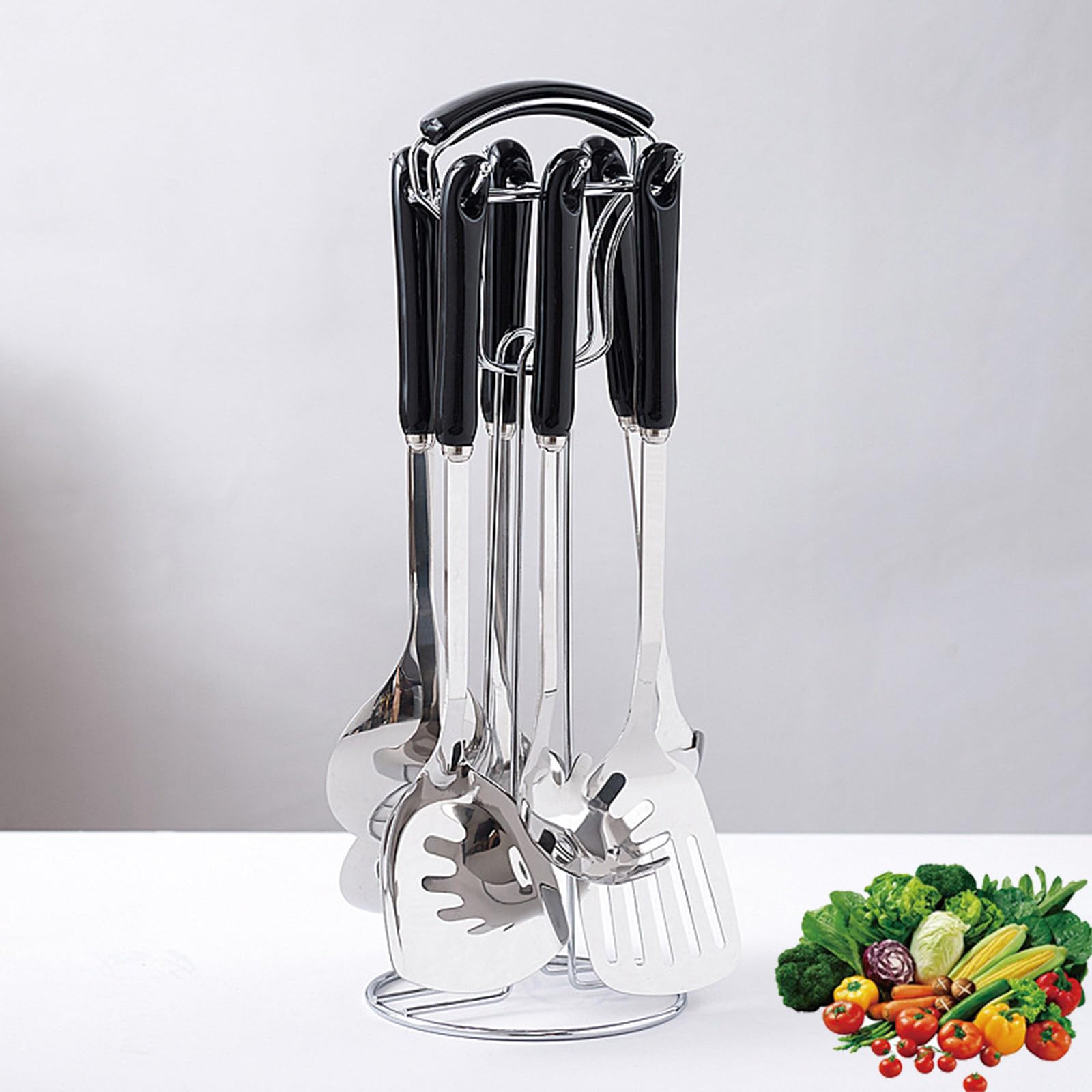 Set di 7 Utensili da Cucina in Acciaio Inox 201 con Supporto, Kit Comprensivo di Spatola E Mestolo con Manico in Ceramica Termoisolante per La Cucina Domestica Black
