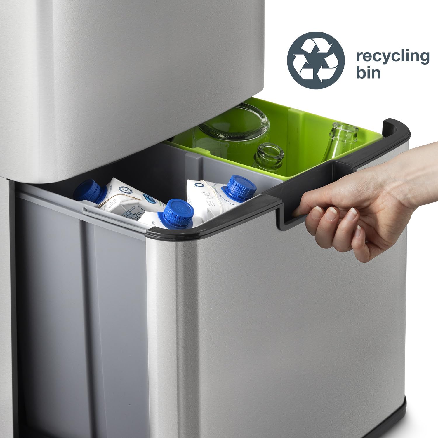 Les Collectors Papelera de Reciclaje N°1012, 69Litros (47+11+11) 3 compartimentos, Acero Inoxidable, Apertura por Infrarrojo, Cierre Automatico Silencioso, Cesta Organicos de 4L incluída