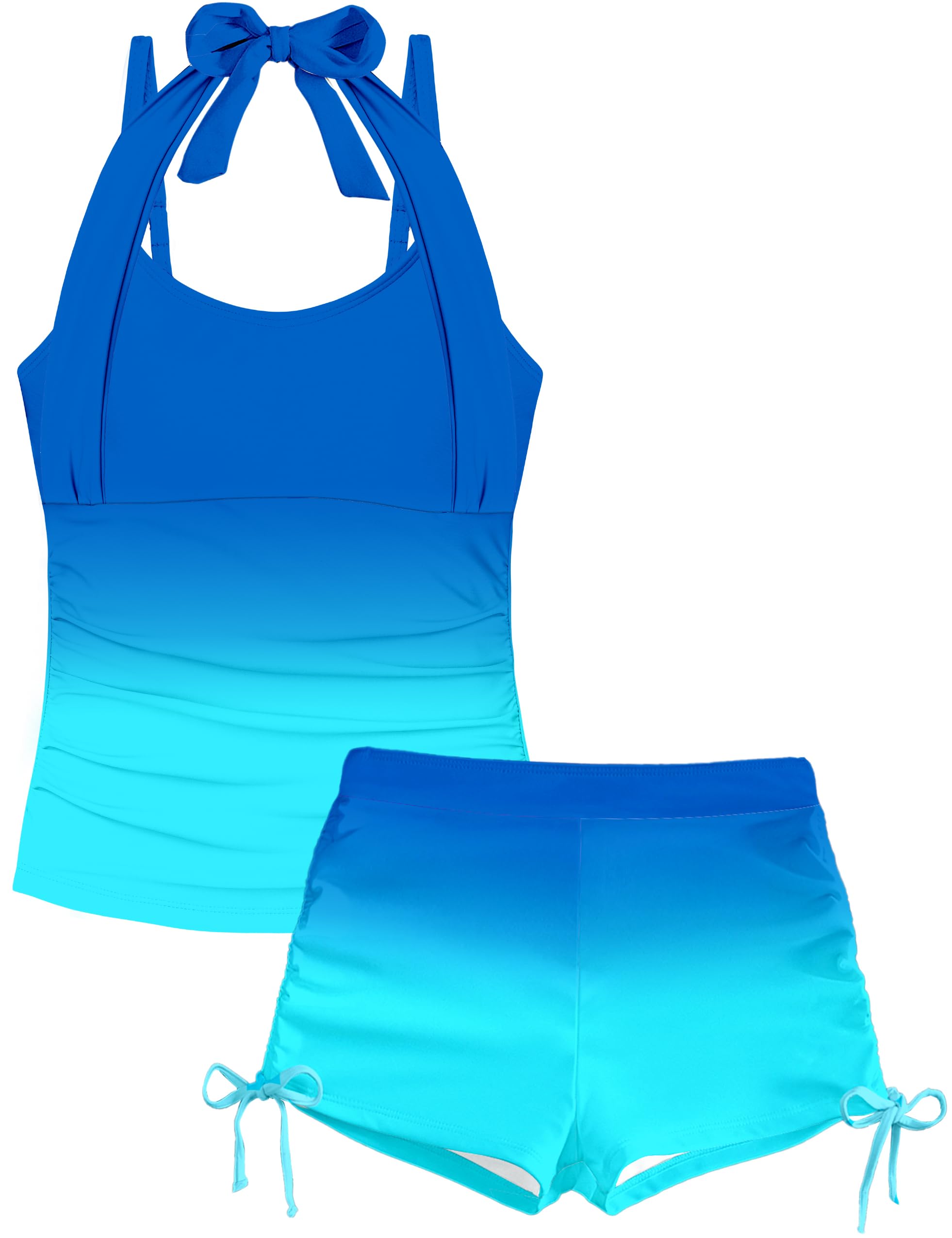 Girls Swimsuit 2 Piece Halterneck Girls Tankini Swimsuit Drawstring Printed Swim Shorts Girl Bathing Suit for 7-18T