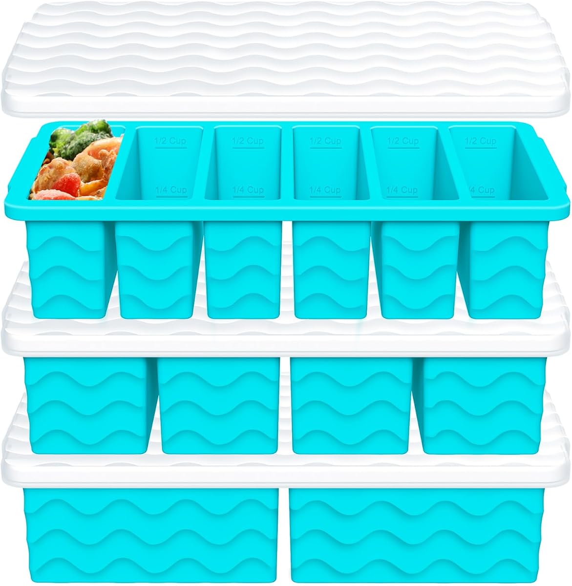 3-Pack Silicone Freezer Trays with Lid,2 Large 2-Cup(500ml)&4 Medium 1-Cup(125ml)&6 Small 1/2-Cup(75ml) Soup Freezer Container Molds,Ice Cube Tray For Meal Prep&Freezing Soup,Stews,Sauces