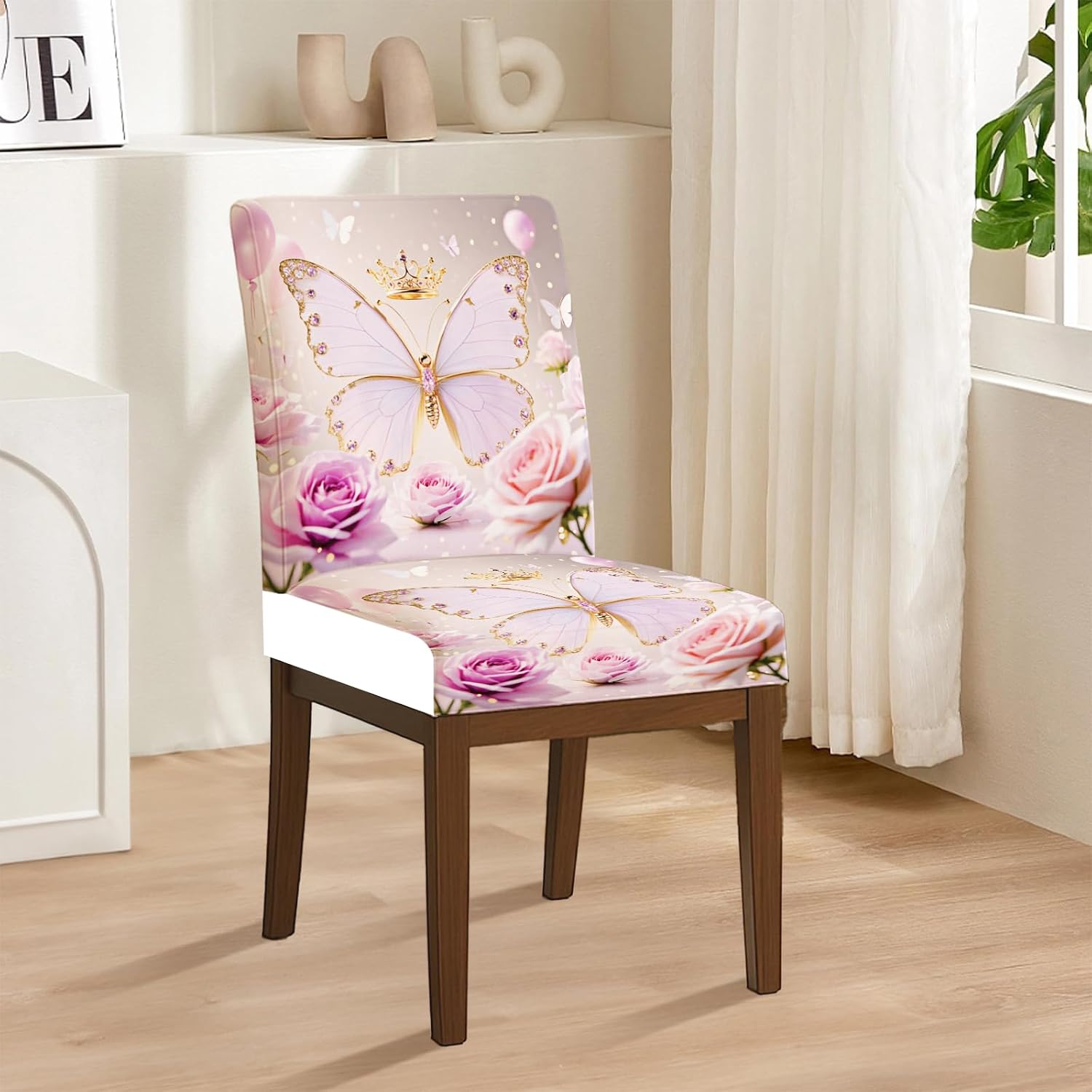 HOMETITUTE High Stretch Chair Covers for Dining Chairs Washable Dining Chair Covers Set of 4 Soft Kitchen Seat Cover Lavender Jeweled Butterfly Rose for Home Hotel Restaurant Banquet