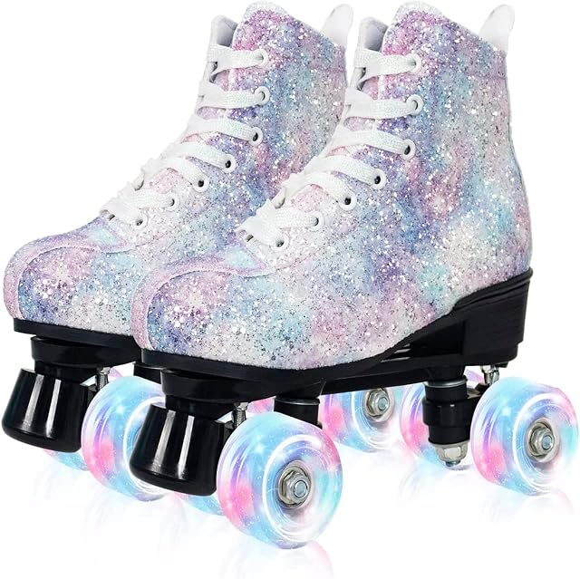 Nattork Roller Skates for Women with Glitter Leather High-top Classic Double Row Rollerskates, Unisex-Adult Derby Skate for Beginner,Indoor Outdoor Fast Braking Rink Skates