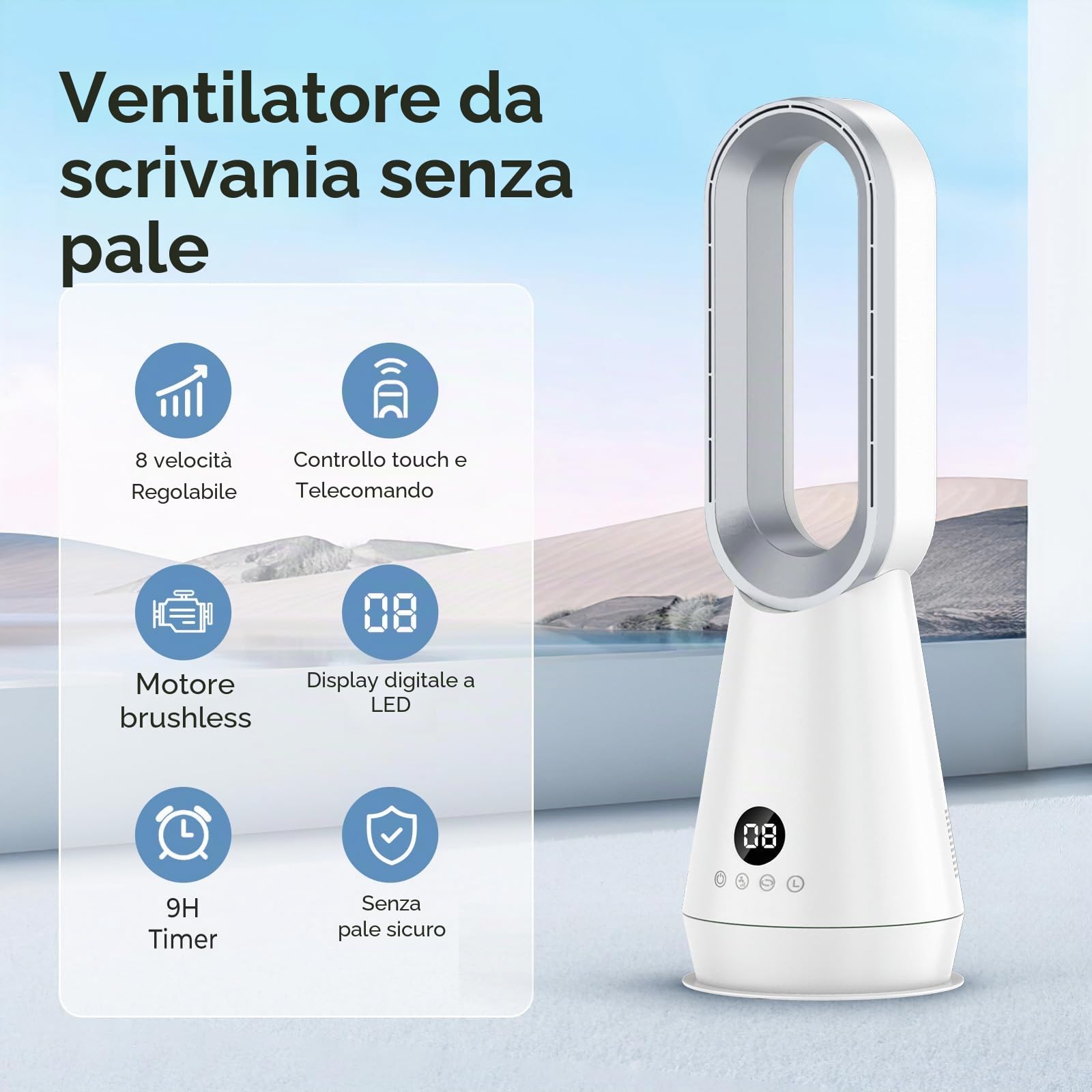 Ventilatore Senza Pale, Ventilatore a Torre con Telecomando, 8 Velocità Della Ventola, Motore Brushless, Oscillazione Orizzontale di 80°, Display a LED e 9H Timer, Ideale per Camera da Letto (C)