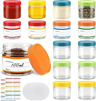 Mssushi 15 Pcs 100ml Plastic Jars with Lids Reusable, with 2 Stickers