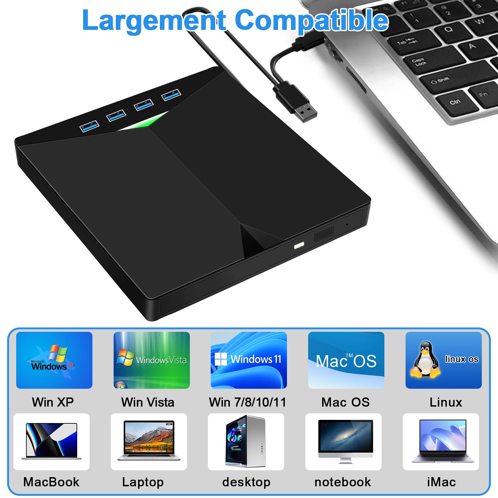 Lecteur CD/DVD Externe pour PC, Graveur DVD Externe USB 3.0 Mince Portable | Graveur Enregistreur RW/ROM Drive Transmission Rapide Câble USB Intégrée pour Windows 7/8/10/11,Vista,Linux,Laptop,Desktop
