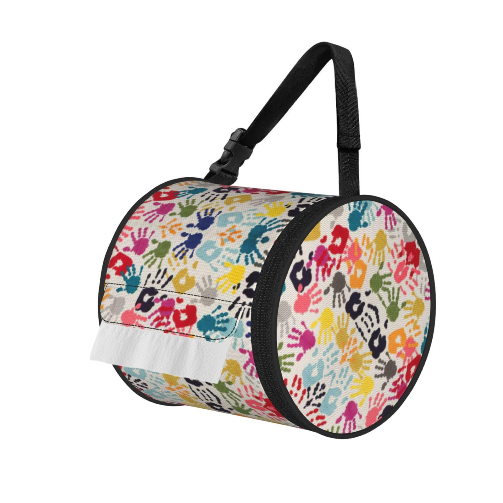 Hand Print Print Round Tissue Dispenser Bag With Carry Strap, Portable Roll Holder For Car Travel Home