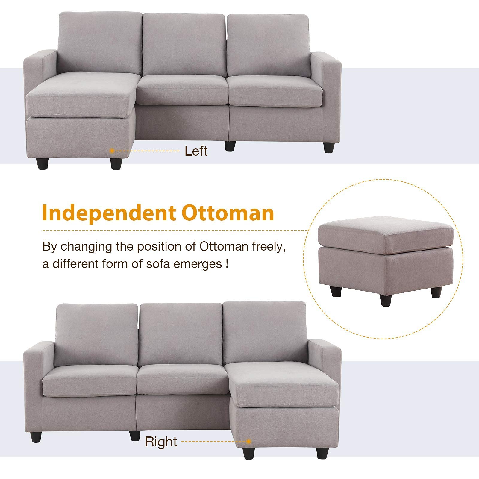 HONBAY Grey Sectional Couch with Ottoman, Convertible L Shaped Chaise