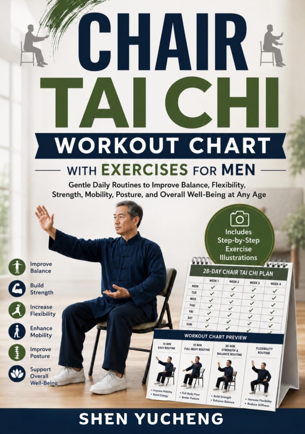 Chair Tai Chi Workout Chart with Exercises for Men: Gentle Daily Routines to Improve Balance, Flexibility, Strength, Mobility, Posture, and Overall Well-Being at Any Age