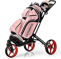 Vista 10 de Tangkula Carrito de golf con rueda delantera giratoria de 360°, carrito de golf plegable de aluminio de 3 ruedas, carrito de golf con correa