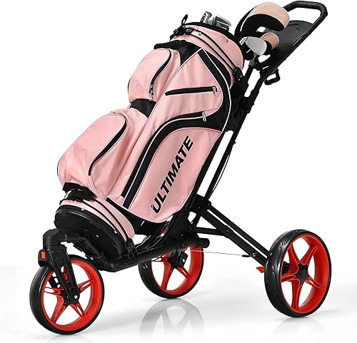 Miniatura 10 de Tangkula Carrito de golf con rueda delantera giratoria de 360, carrito de golf plegable de aluminio de 3 ruedas, carrito de golf con correa