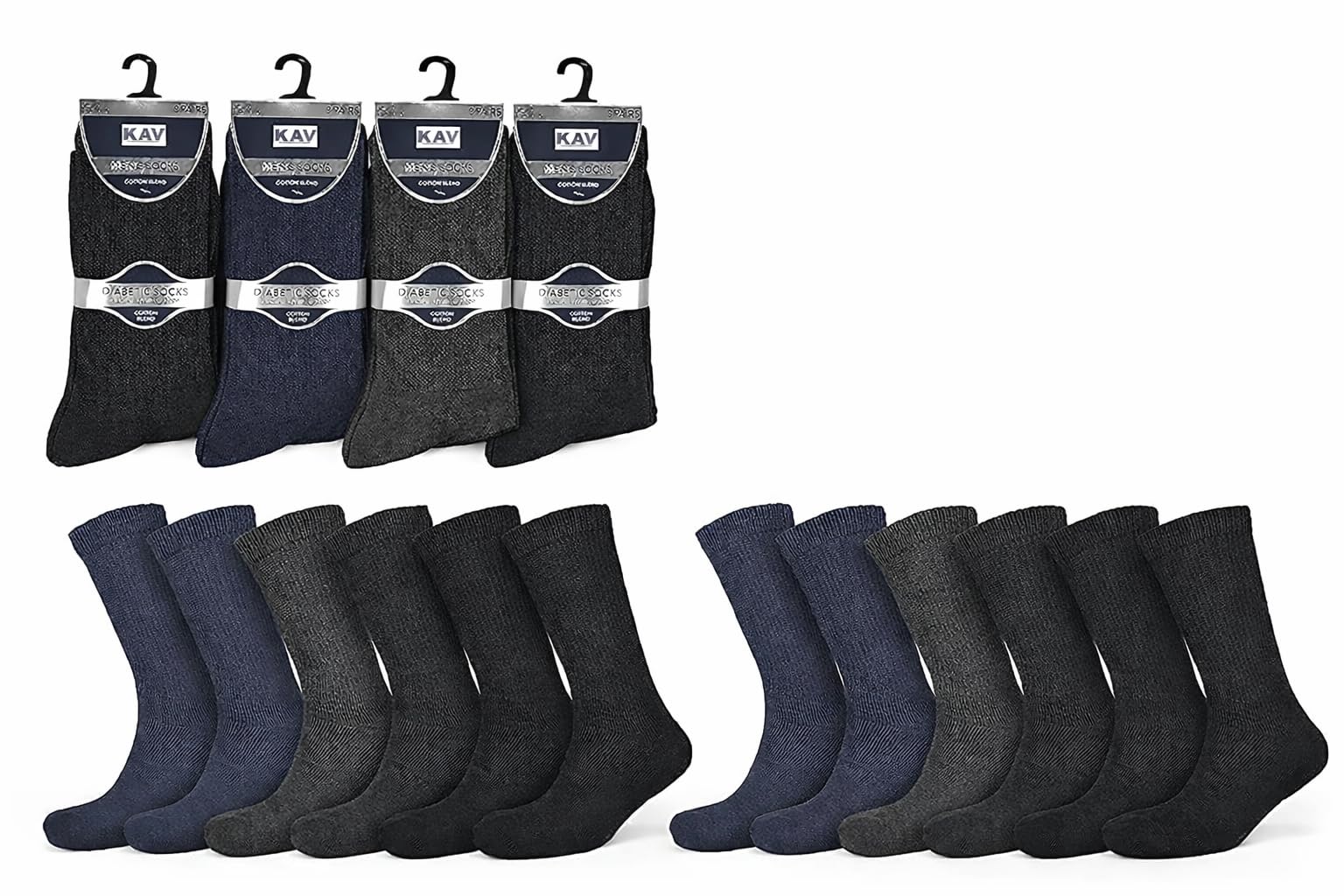 Kav Unisex Multicolour Extra Wide Comfort Fit Pack Of 12 Diabetic Socks For Swollen Legs, Mens Foot Care Uk 7-11 Cotton Rich Gentle,