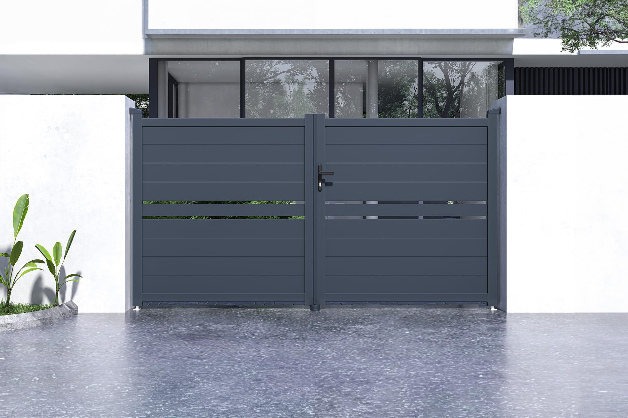 CASANOOV Portail Battant CIMONE 300x158 cm (3x1,6 m – 5 m²) Aluminium Gris Anthracite RAL7016 – Semi-Ajouré Design Moderne – Résistant Corrosion – Kit Complet avec Accessoires