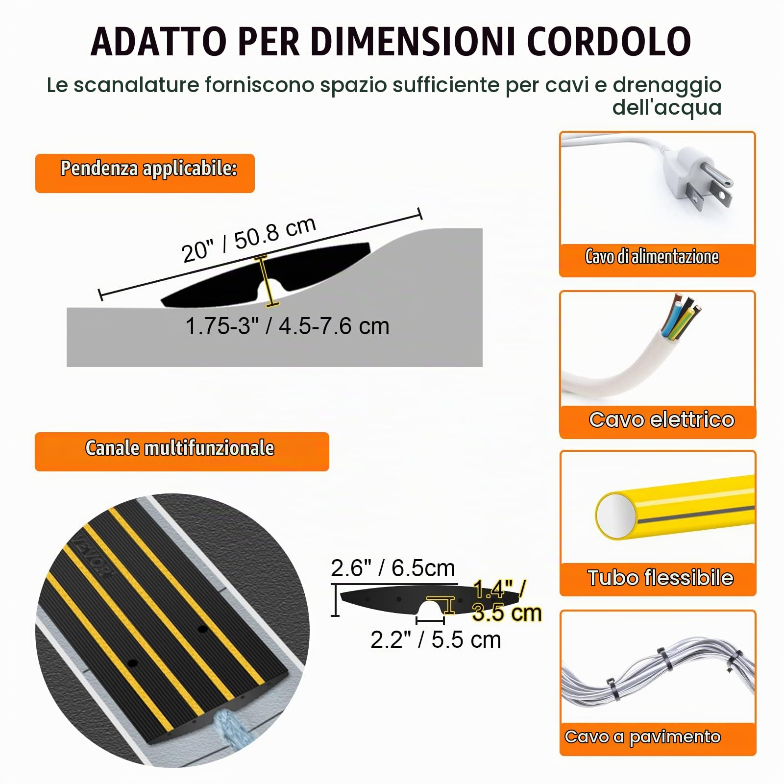 VEVOR Rampa per Soglia in Gomma Altezza 6,5cm Capacità Carico Max. 15 Tonnellate per Veicoli, Rampa per Soglia Superficie Antiscivolo con Canale per Cavi, Rampa Soglia Antiscivolo per Salita Facile