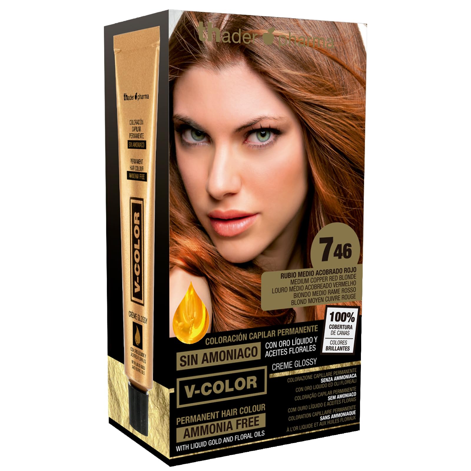 Thader Th Pharma V-Color Ammonia-Free Permanent Dye Kit with Liquid Gold 100% Gray Coverage 120ml (No. 7.46 Medium Blonde Coated Red)