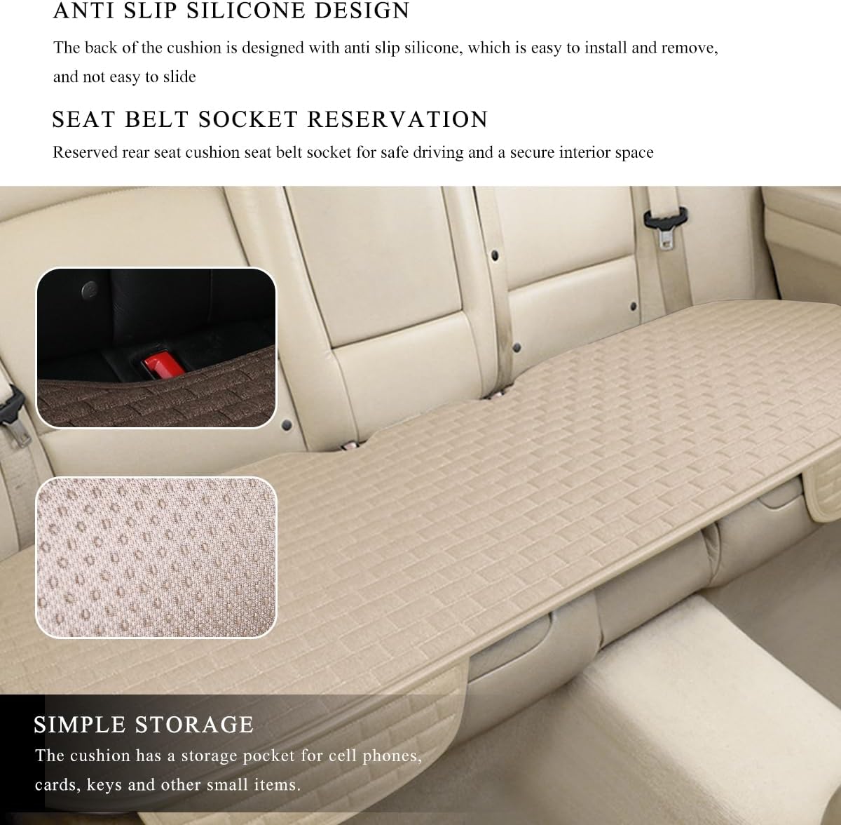 Linen Car Seat Cover, Anti-Slip Bottom Bench Protector Rear Seat Pad with Storage Pockets, Comfy Breathable Long Rear Seat Cushion Pad for Most Vehicles, Car Accessories (Rear Beige)