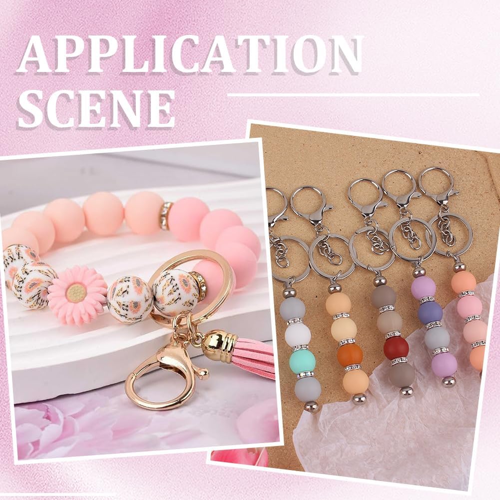1 Box 86PCS Pink Silicone Bead Kit with Lobster Claw Clasps Round Daisy Flower Tassel Charm Brass Rhinestone Spacer Loose Beads Bulk for Jewelry Making Necklace Bracelet DIY Craft Supply