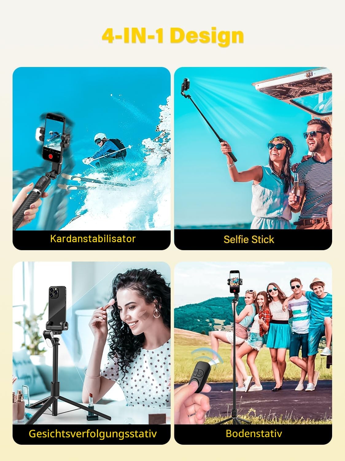 AOCHUAN Gimbal-Stabilisator mit Gesichtsverfolgung ohne App, 4-in-1-RGB-Lichtstabilisator, tragbares Telefonstativ, Stabilisator für iPhone und Android, Verlängerung 108 cm, M2PRO Schwarz
