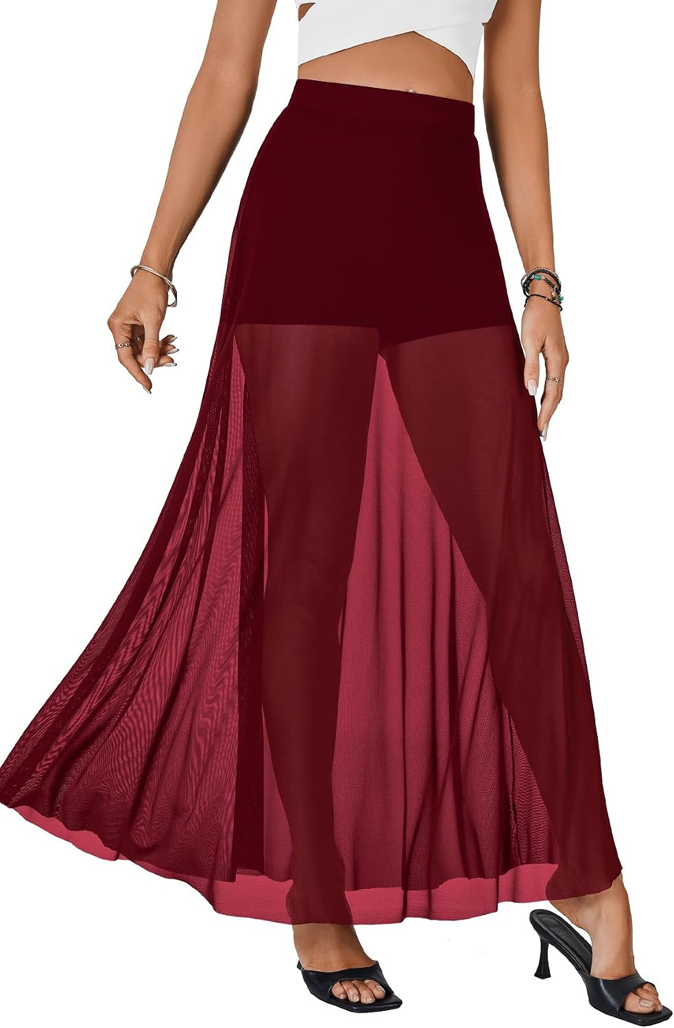 KIFOVEN Women's Sexy Sheer Mesh Maxi Skirt High Waisted A-Line Flowy See Through Long Skirts Clubwear Beach Cover Up