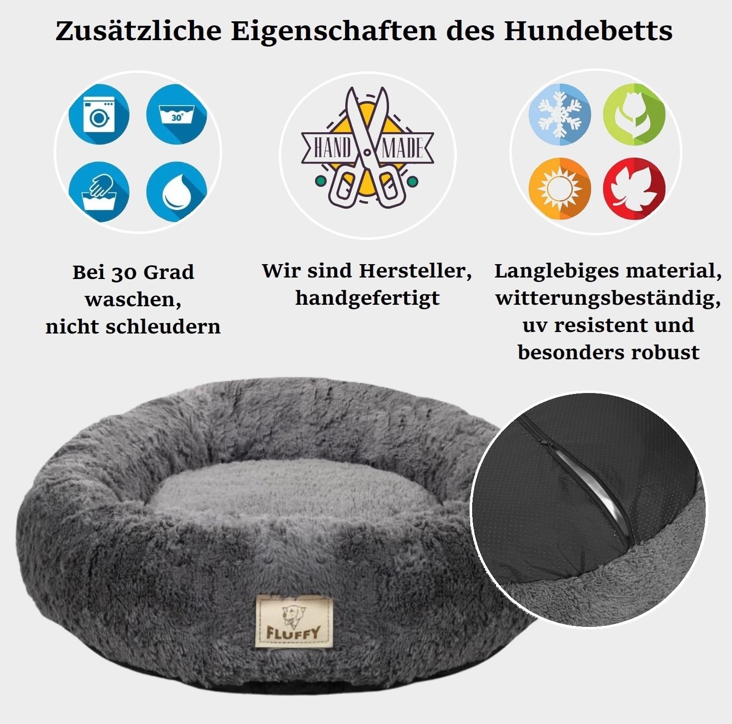 KING DOG Hundebett rundes Kuschelbett M 60 cm weiches Hundekissen mit Plüsch Bezug herausnehmbares Innenkissen Rutschfester Boden waschbar
