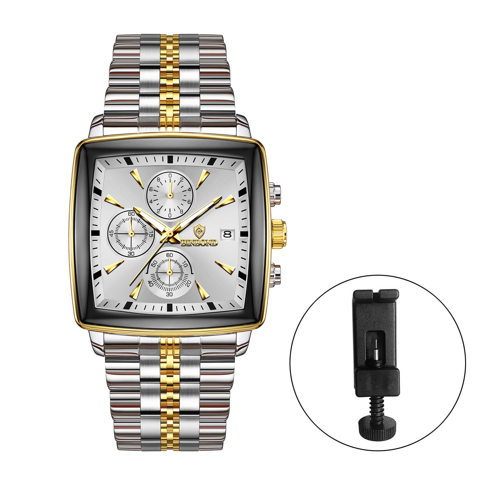 OIDEA Montre carrée élégante pour homme : date chronographe analogique à quartz multifonction argenté doré classique business cadran blanc bracelet en acier inoxydable montre cadeau pour homme