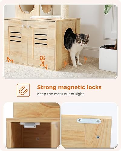 Miniatura 4 de Árbol para gatos con caja de arena, árbol moderno de 50 pulgadas para gatos grandes y gordos con condominio para gatos, muebles de madera para gatos