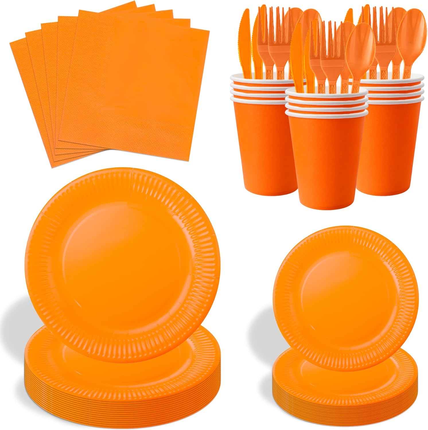 210pcs Orange plates and napkins party supplies - Plastic Silverware Cutlery, Paper Cups and Plates, Napkins Suitable for parties and birthdays Serves 30 (Orange)