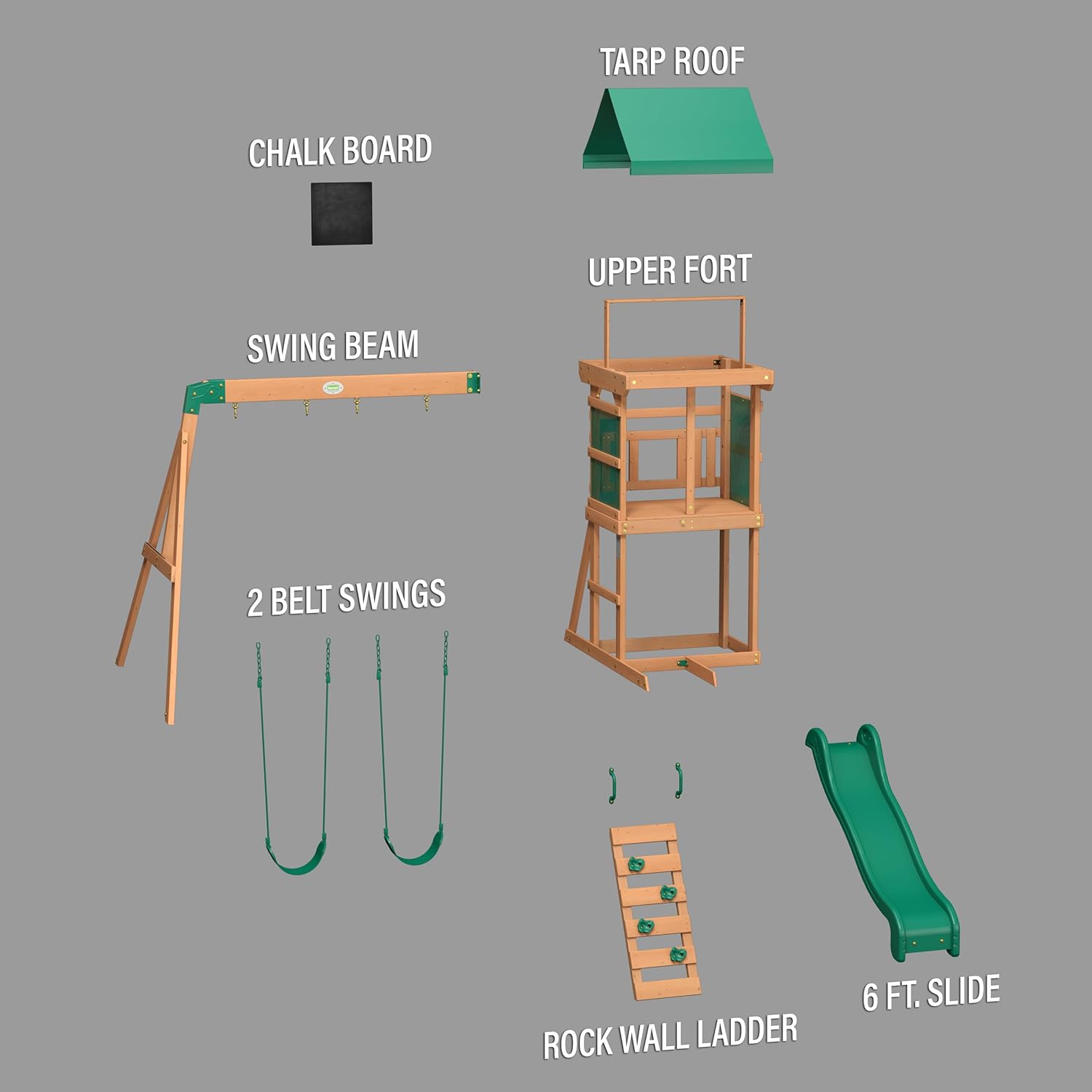 Diagram showing individual components of the Buckley Hill Swing Set: swing beam, upper fort, tarp roof, 2 belt swings, 6 ft. slide, chalkboard, rock wall ladder, and safety handles.