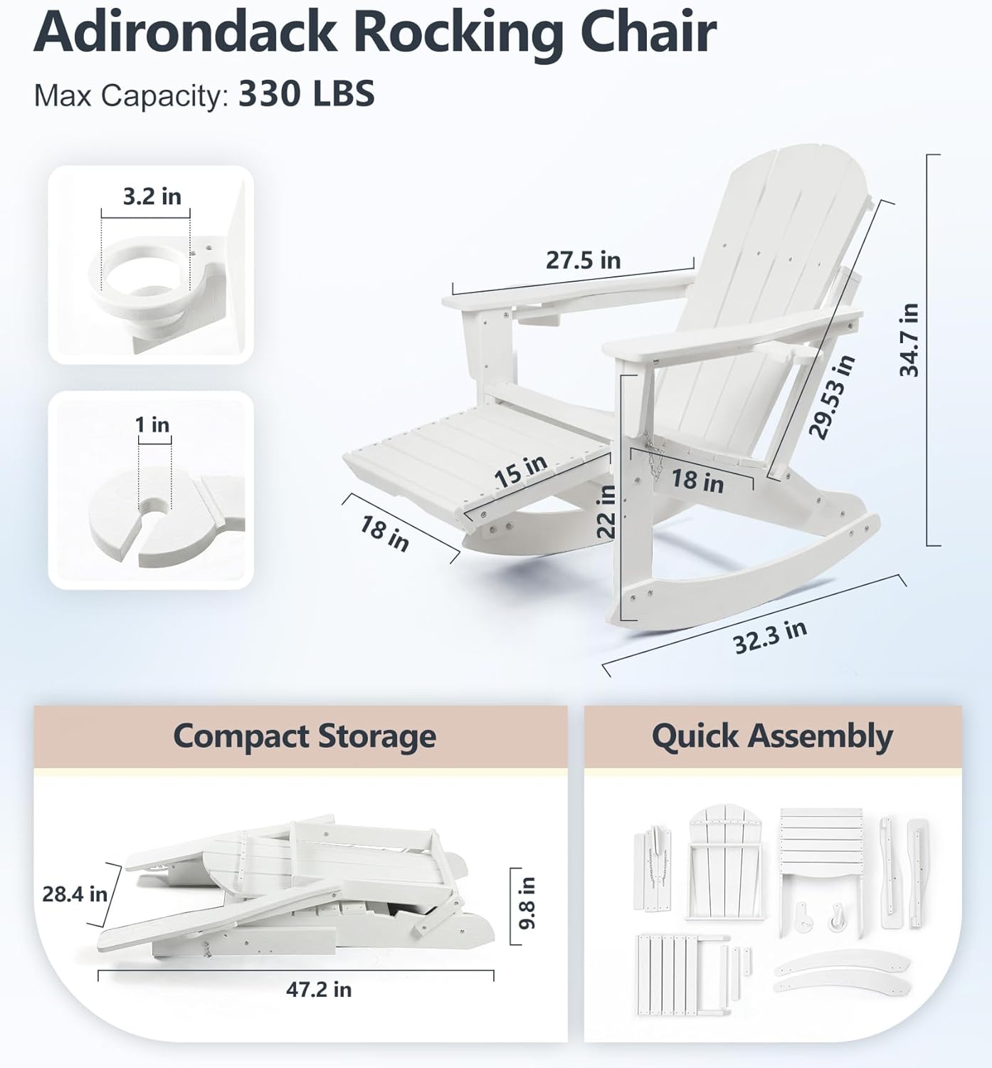 PASAMIC Adirondack Rocking Chairs Set of 2, Foldable All-Weather HDPE Patio Rockers with Retractable Ottoman & Cup Holder, Outdoor Chairs for Porch Backyard Pool Garden Balcony, White